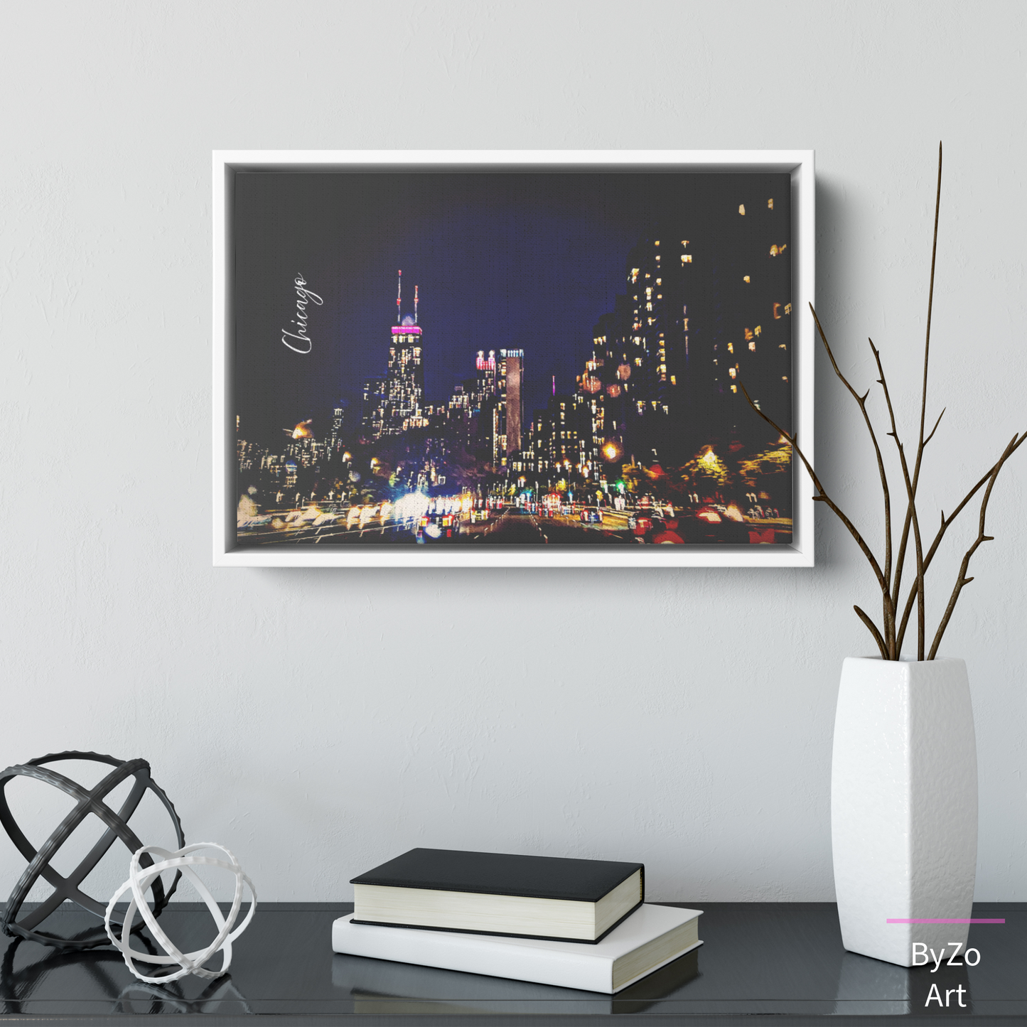 Floater Framed Canvas City Lights in Motion: Chicago's Nightscape from the Road" Original Art Photography teelaunch