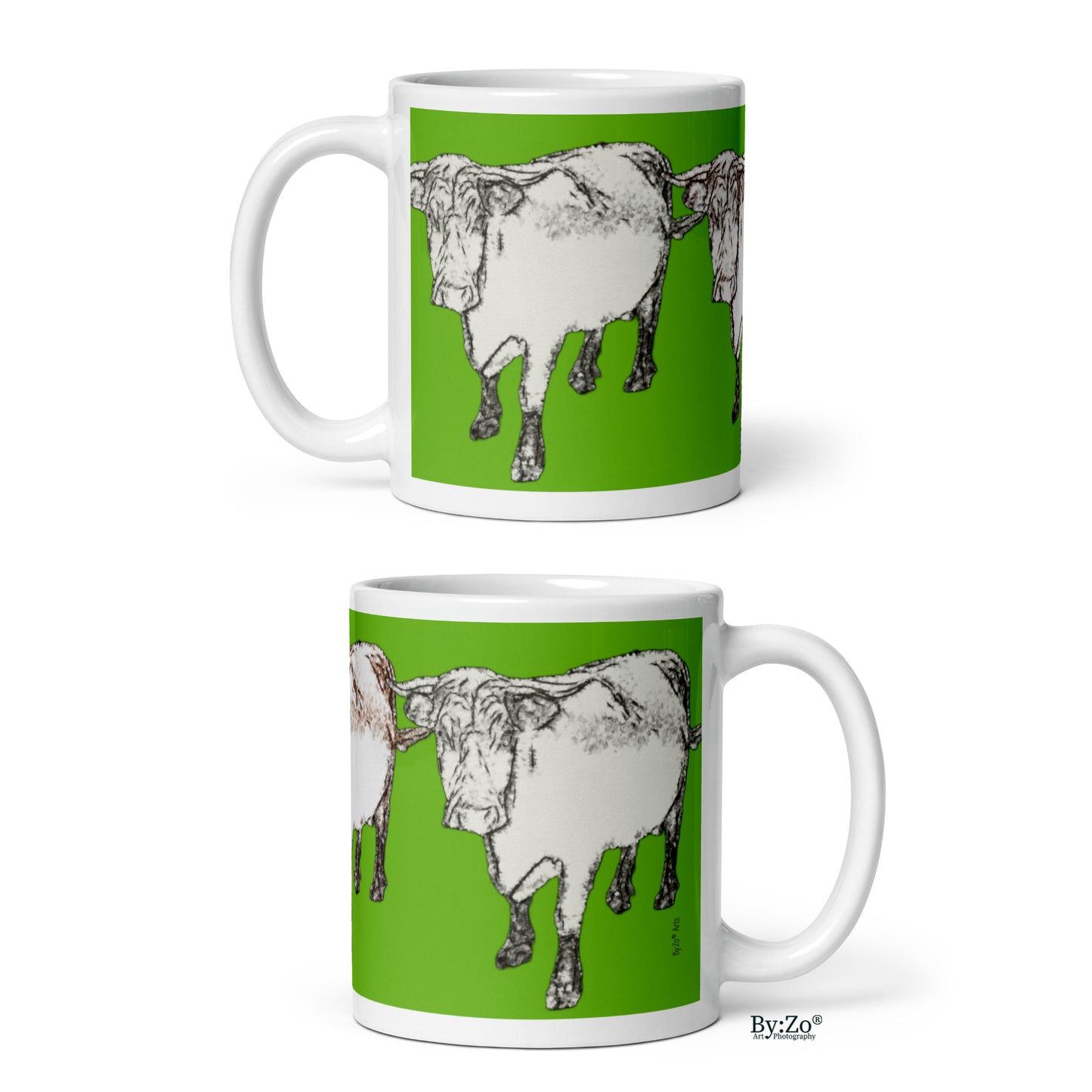 Cow Printed Green Background White Ceramic Mug Original Photography Art - By:Zo