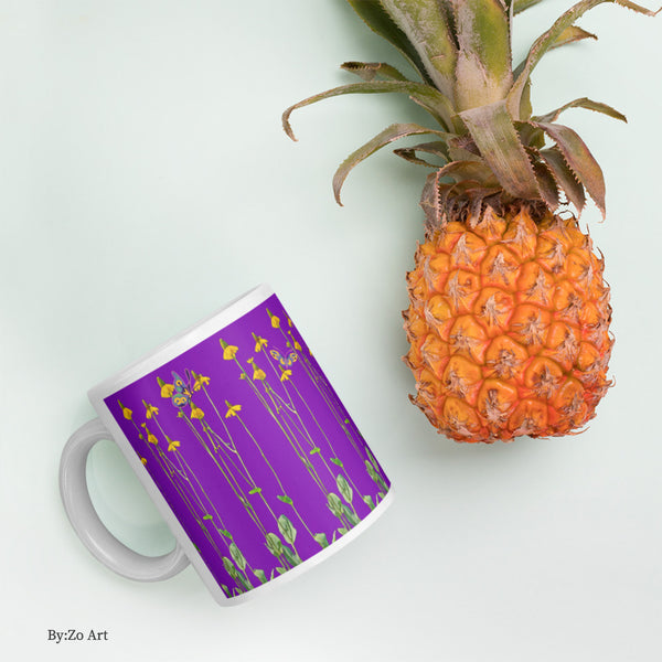 "Daisies and Butterflies" on Purple Background Ceramic Mug - By:Zo