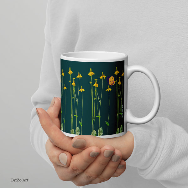 "Daisies and Butterflies" on Green Background Ceramic Mug - By:Zo