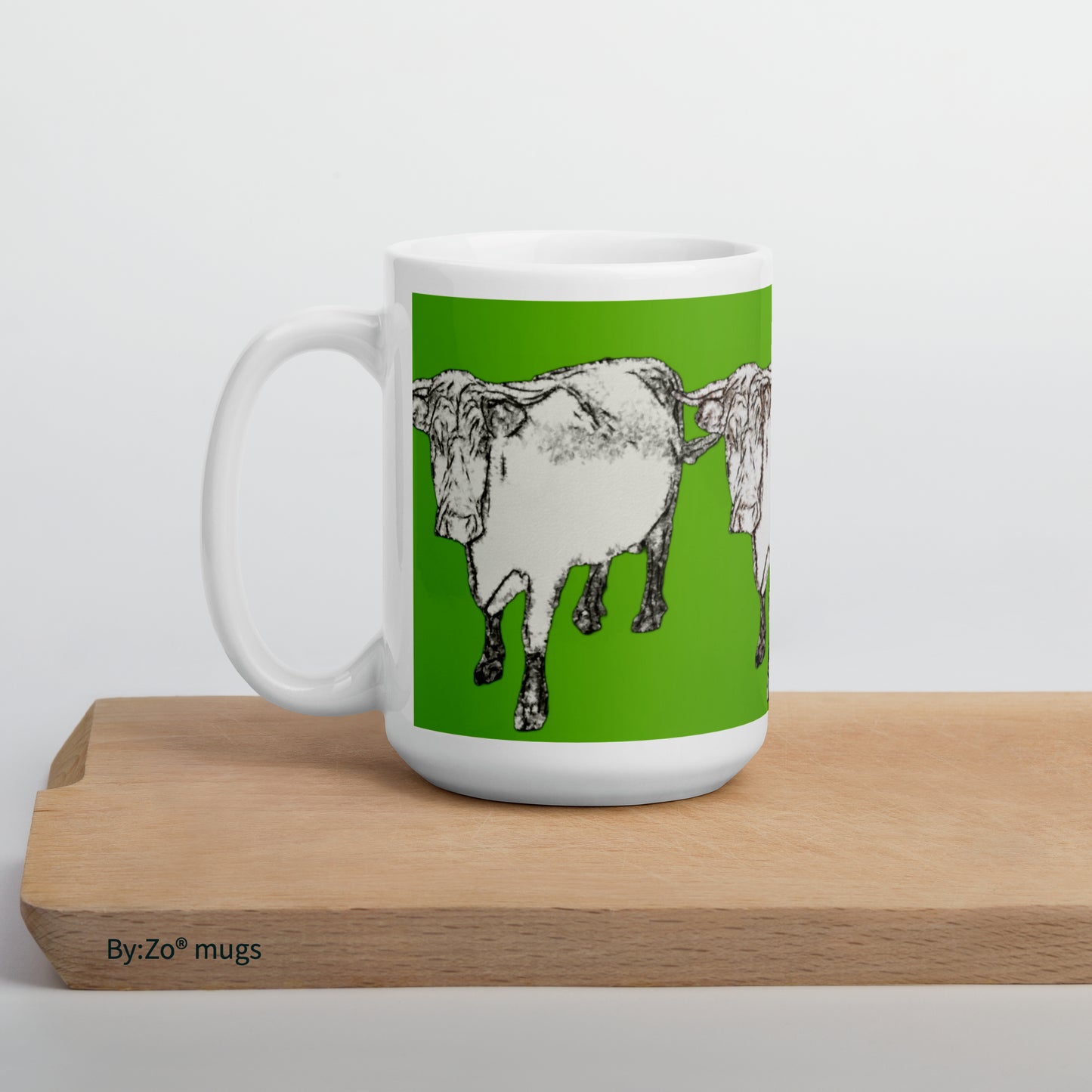 Cow Printed Green Background White Ceramic Mug Original Photography Art - By:Zo