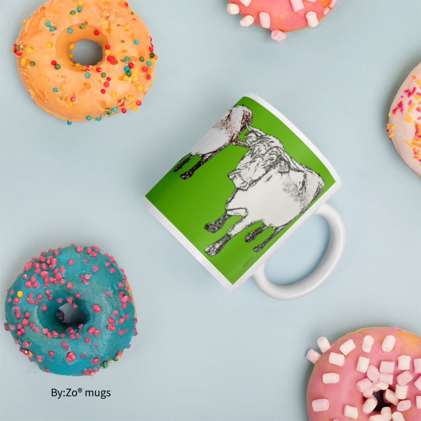 Cow Printed Green Background White Ceramic Mug Original Photography Art - By:Zo