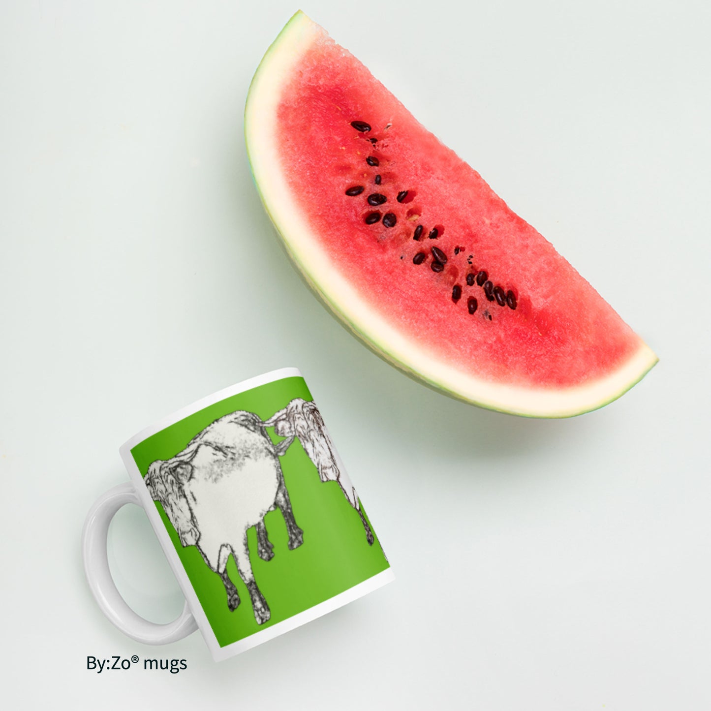 Cow Printed Green Background White Ceramic Mug Original Photography Art - By:Zo