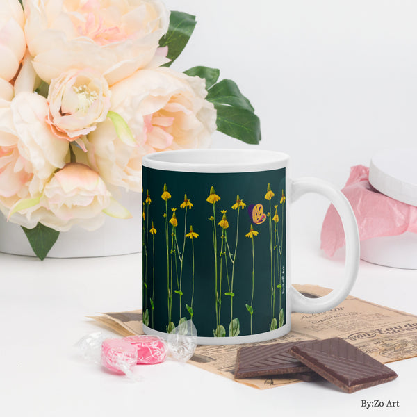 "Daisies and Butterflies" on Green Background Ceramic Mug - By:Zo
