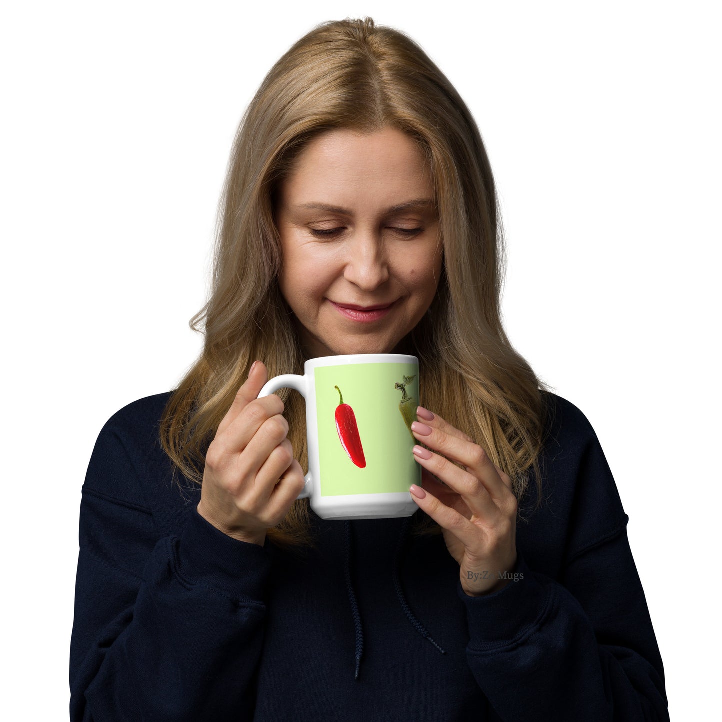 "Peppers" Green Background White Glossy Ceramic Mug - By:Zo