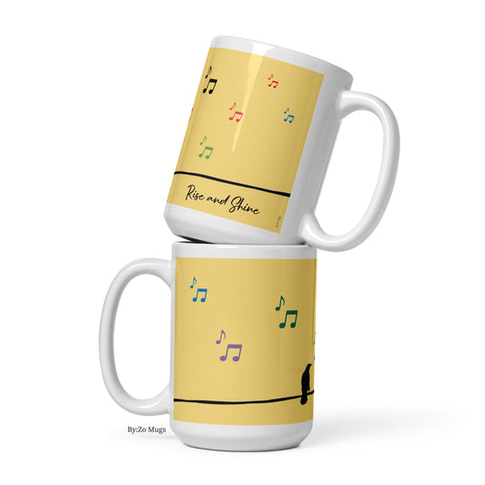 Singing Bird On A Wire Rise and Shine White Ceramic Mug - By:Zo