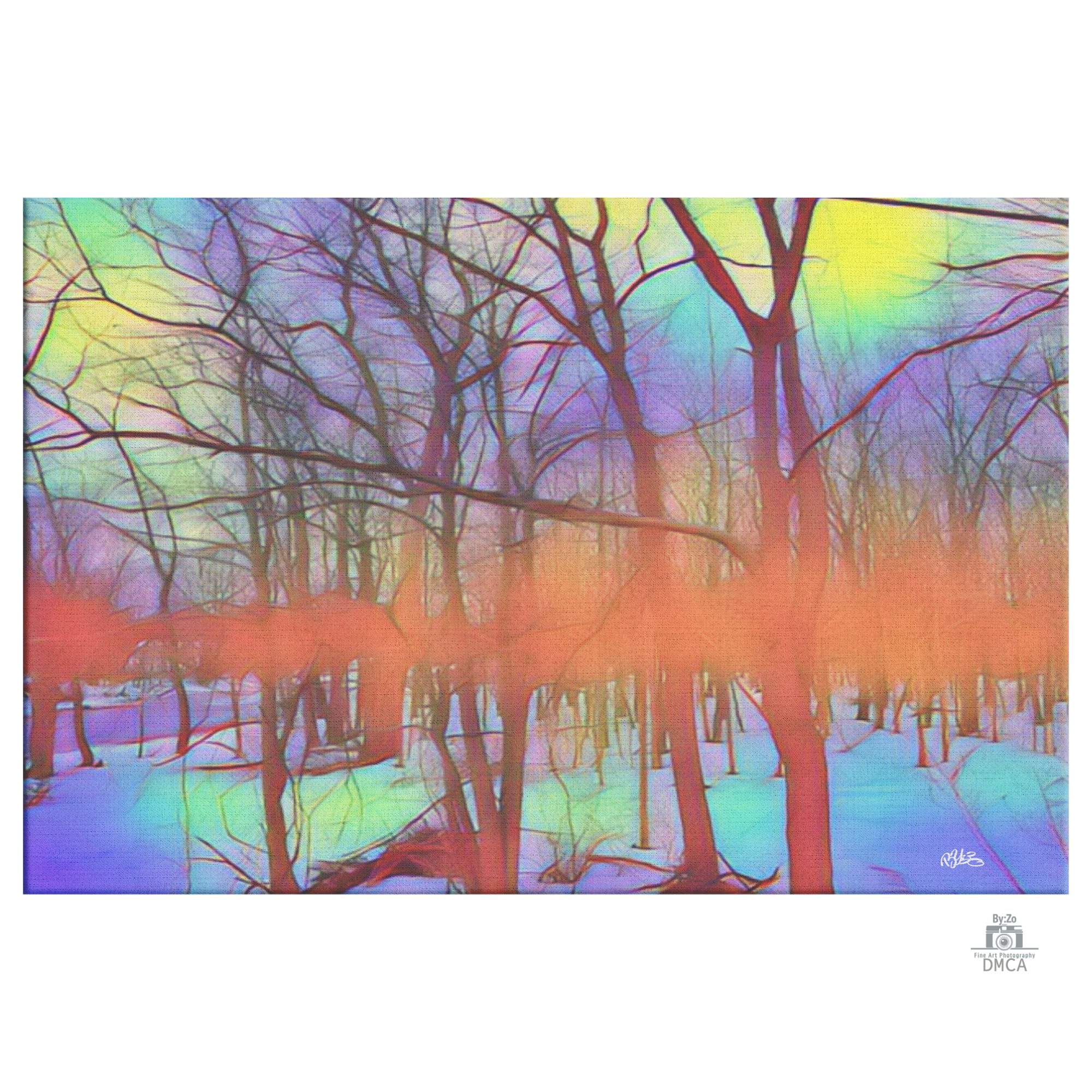 wrapped canvas photography art of frozen forest on pop colors by:zo art