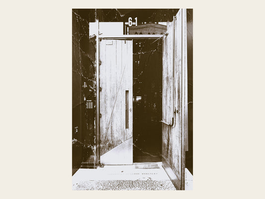 Vintage sepia fine art photograph of the Roastery Door at 61 Ninth Avenue, New York City, by BYZO Art.