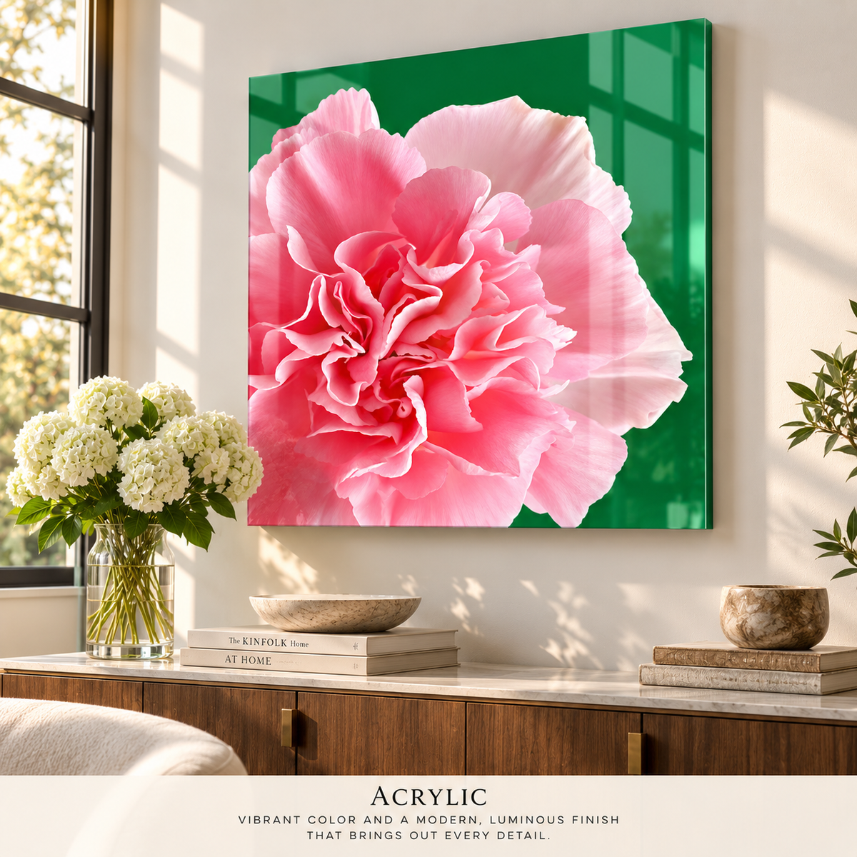 Carnation on Vibrant Green | Fine Art Photography Pictorem.com