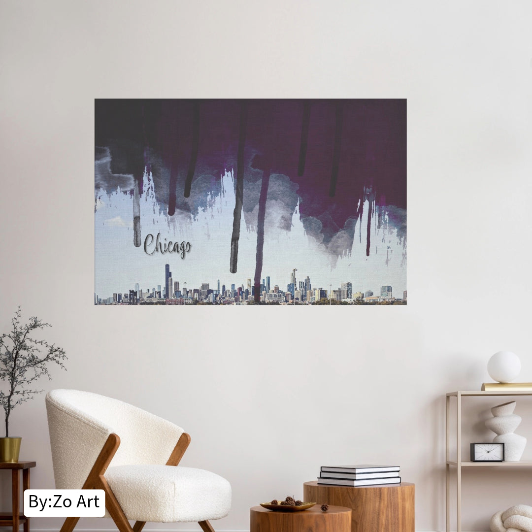 Wrapped Canvas, Original Chicago Skyline | Digital Brushstroke Photography with City's Name teelaunch By:Zo®