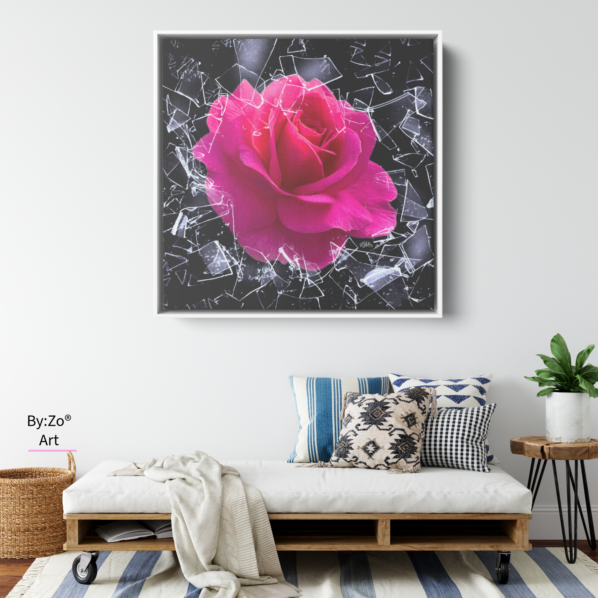 Square Framed Floater Canvas, "Breaking Free You Can't Stop Me" Rose Shatters Ice Original Photography Art teelaunch By:Zo®