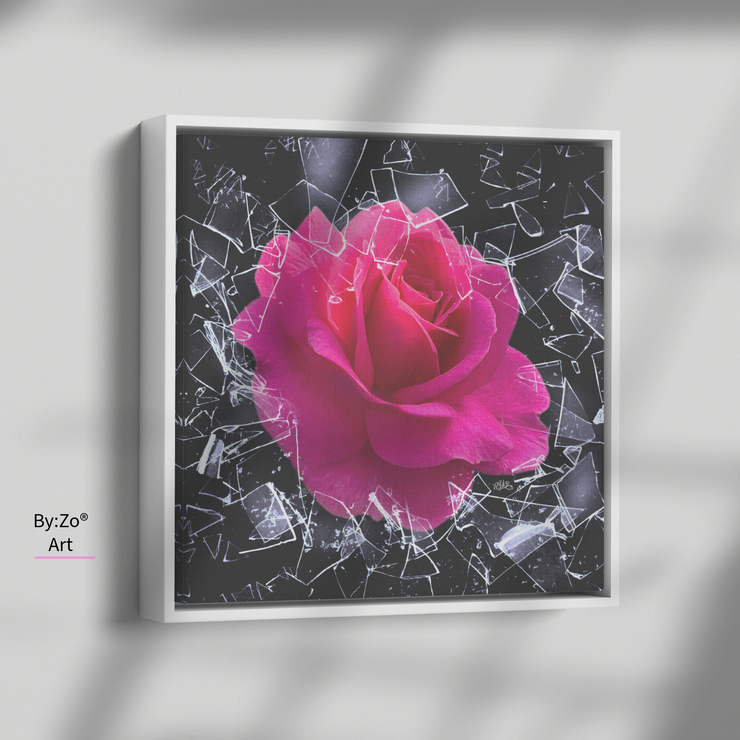 Square Framed Floater Canvas, "Breaking Free You Can't Stop Me" Rose Shatters Ice Original Photography Art teelaunch By:Zo®