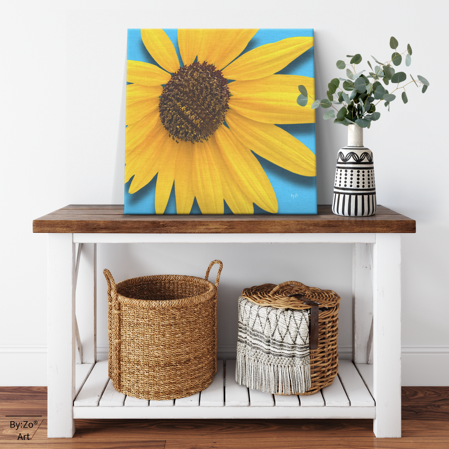 Home Mock Up of Sunflower Close Up Original Photography on Canvas Print by Maria Desnoyers at ByZo Art.