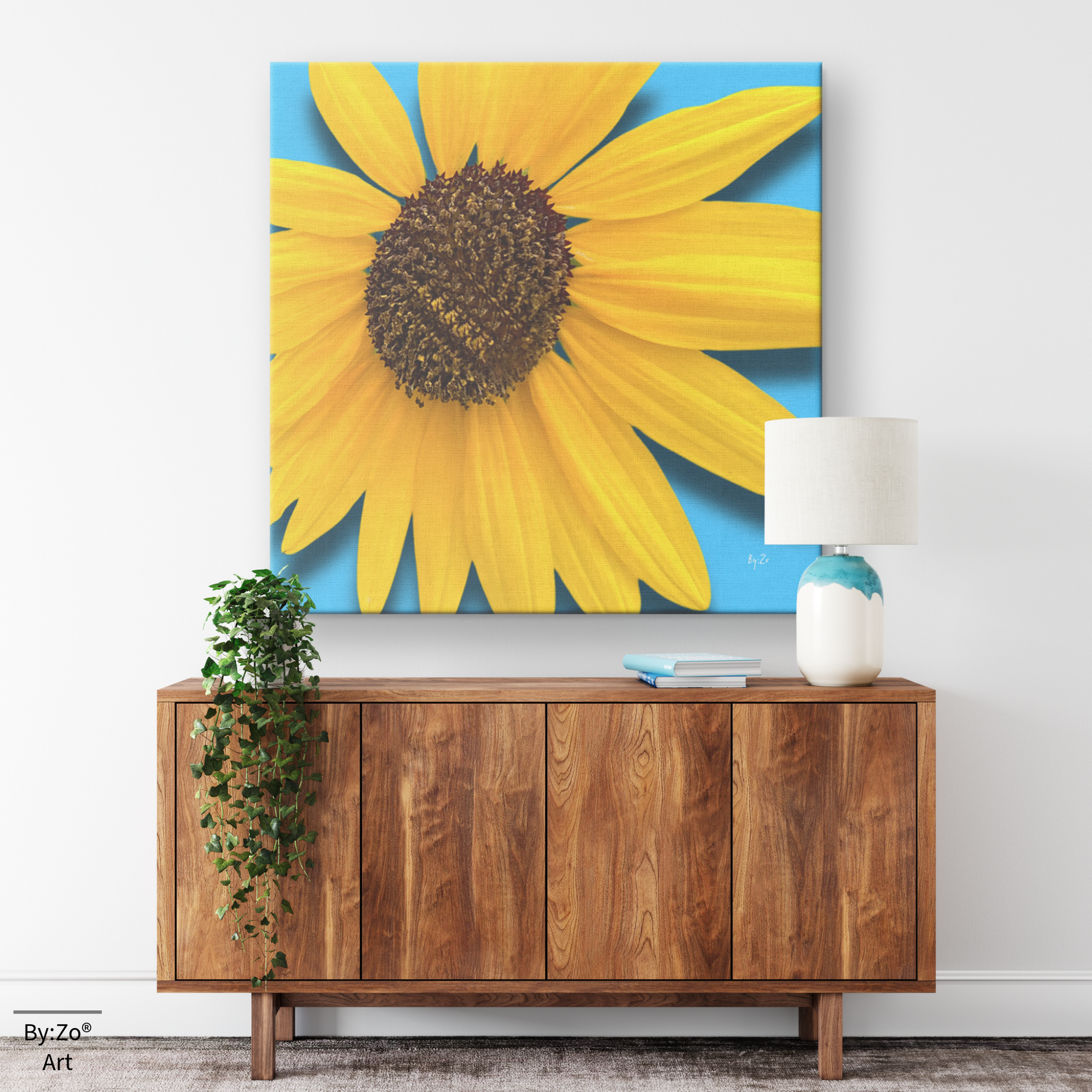 Home Mock Up of Sunflower Close Up Original Photography on Canvas Print by Maria Desnoyers at ByZo Art.