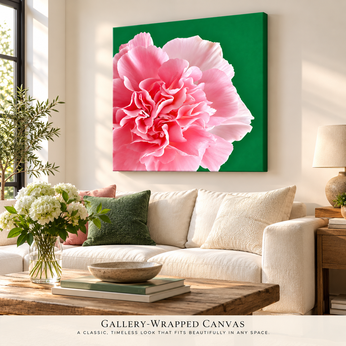 Carnation on Vibrant Green | Fine Art Photography Pictorem.com