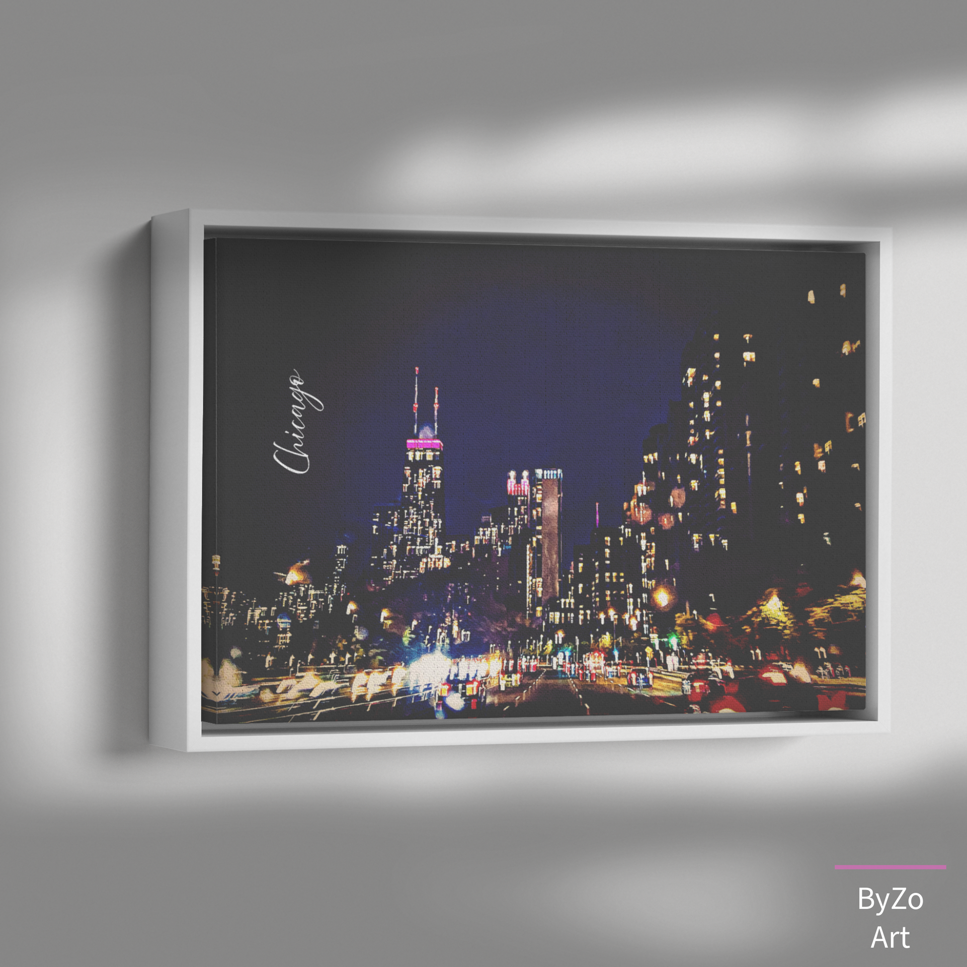 Floater Framed Canvas City Lights in Motion: Chicago's Nightscape from the Road" Original Art Photography teelaunch