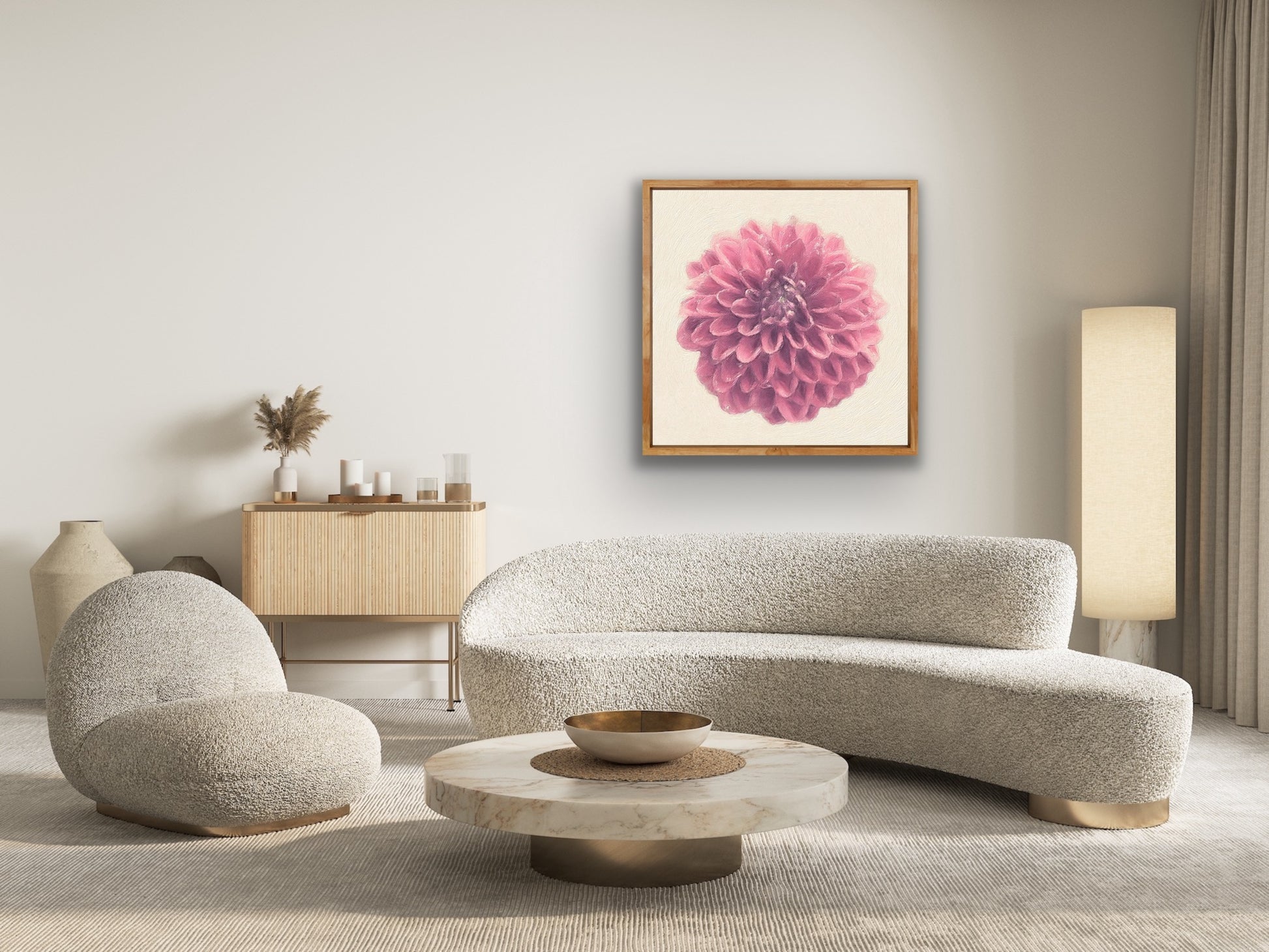 Japanese Dahlia Giclee Art Print  Original Photography by Maria Desnoyers of ByZo Art , room mockup for visual presentation. Wall art for your home, office or studio.