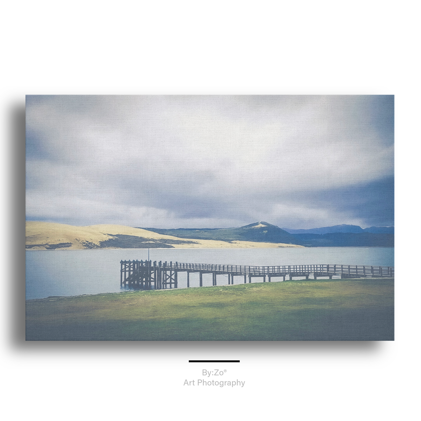 Wrapped Canvas, "Pier Meets the Sand Dune and Mountains" New Zealand Coast teelaunch