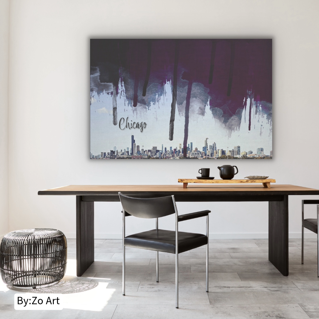 Wrapped Canvas, Original Chicago Skyline | Digital Brushstroke Photography with City's Name teelaunch By:Zo®