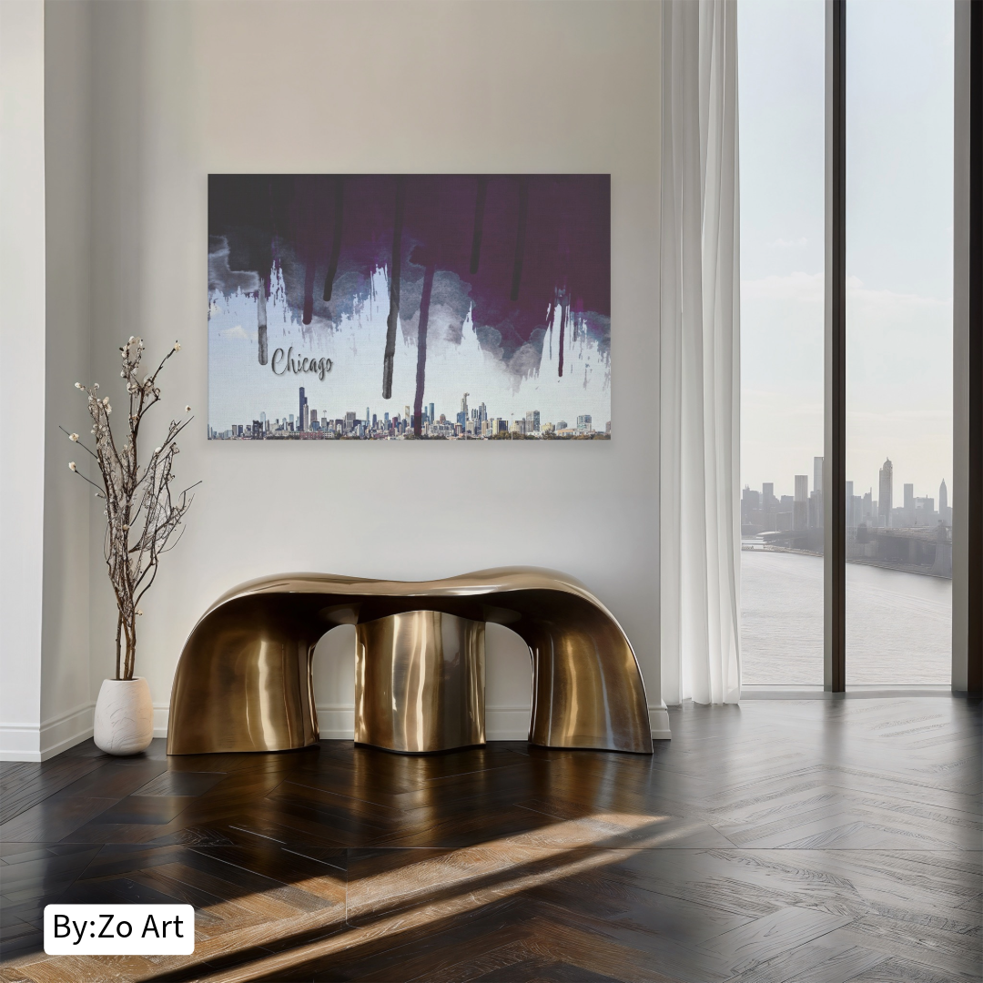 Wrapped Canvas, Original Chicago Skyline | Digital Brushstroke Photography with City's Name teelaunch By:Zo®