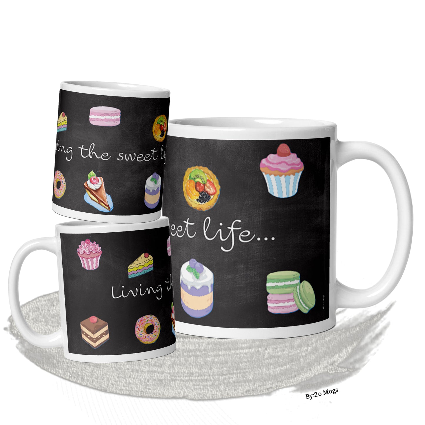 Living The Sweet Life White Ceramic Mug Printed with Pastries on Blackboard Background - By:Zo