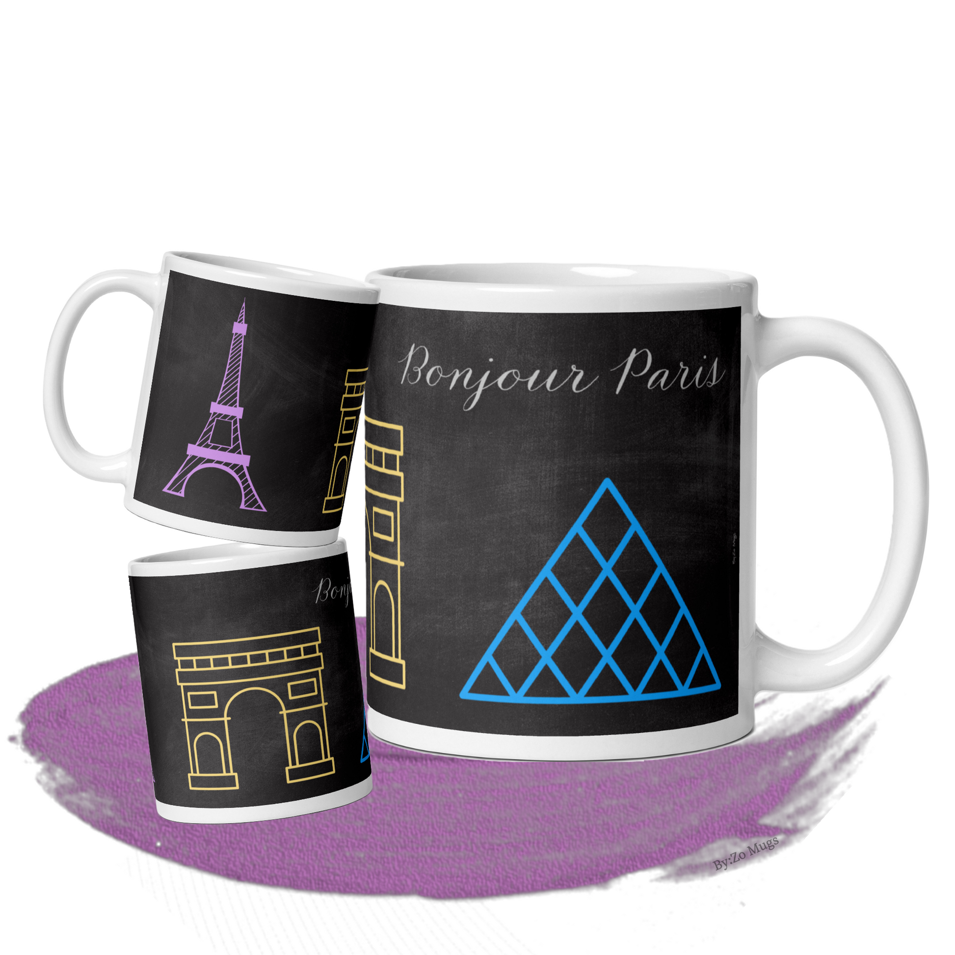 Bonjour Paris Blackboard Background White Ceramic Mug - By:Zo