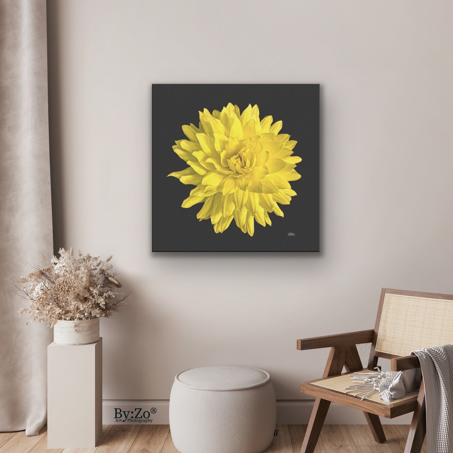 Original l Art Photography of Dahlia Flower on Wrapped Canvas hang on wall home mock up for visual presentation- By:Zo Art by Maria Desnoyers