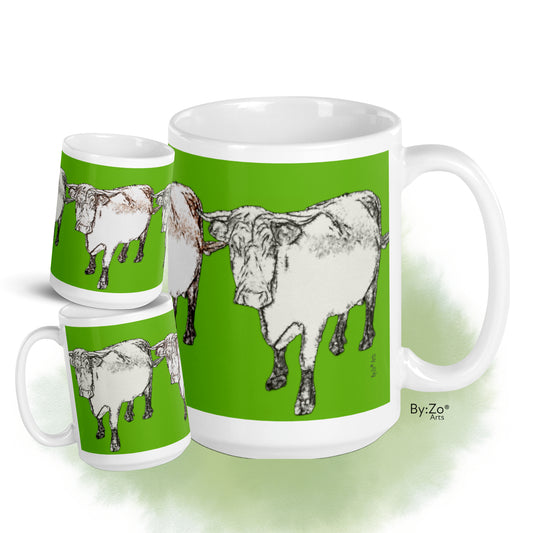 Cow Printed  Green Background White Ceramic Mug Original Photography Art - By:Zo