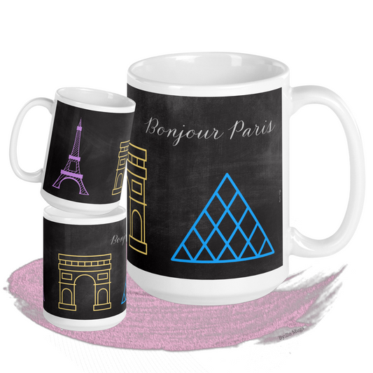 Bonjour Paris Blackboard Background White Ceramic Mug - By:Zo