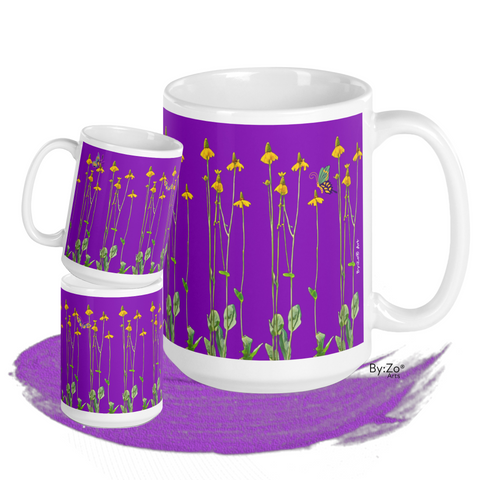 "Daisies and Butterflies" on Purple Background Ceramic Mug - By:Zo