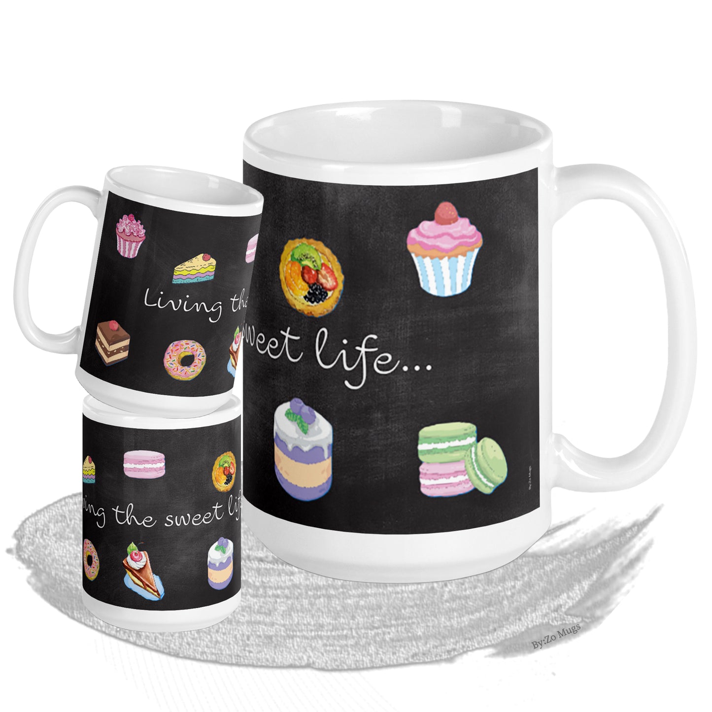 Living The Sweet Life White Ceramic Mug Printed with Pastries on Blackboard Background - By:Zo