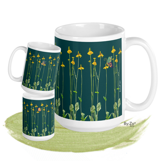 "Daisies and Butterflies" on Green Background Ceramic Mug - By:Zo