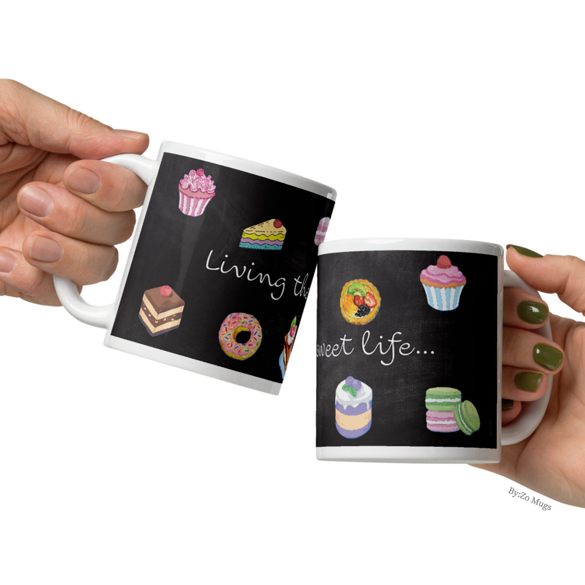 Living The Sweet Life White Ceramic Mug Printed with Pastries on Blackboard Background - By:Zo