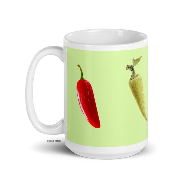 "Peppers" Green Background White Glossy Ceramic Mug - By:Zo