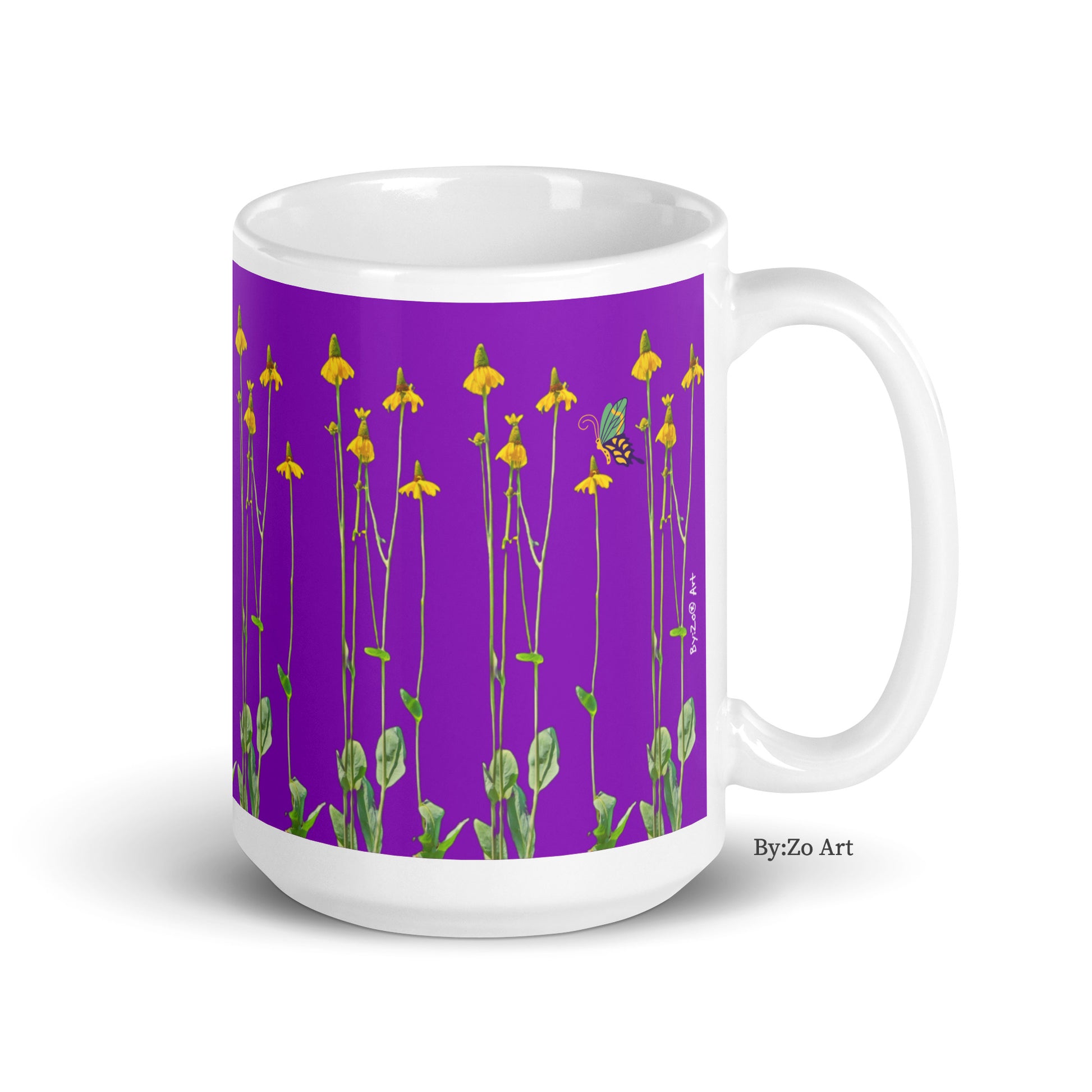 "Daisies and Butterflies" on Purple Background Ceramic Mug - By:Zo