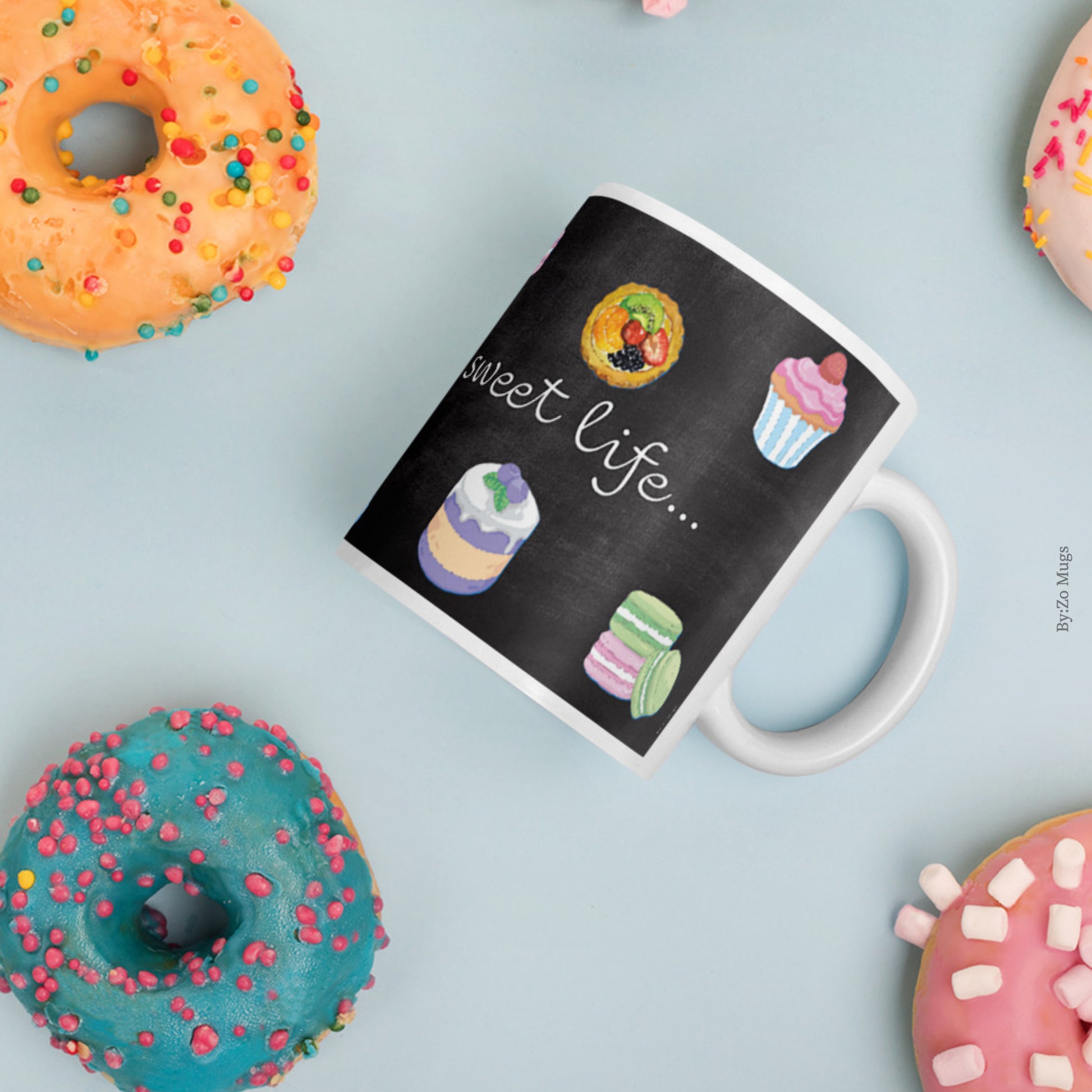 Living The Sweet Life White Ceramic Mug Printed with Pastries on Blackboard Background - By:Zo