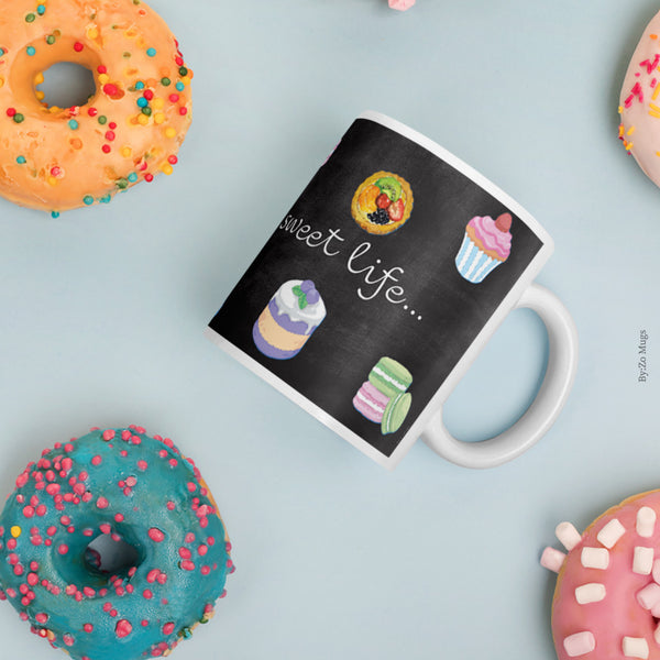 Living The Sweet Life White Ceramic Mug Printed with Pastries on Blackboard Background - By:Zo