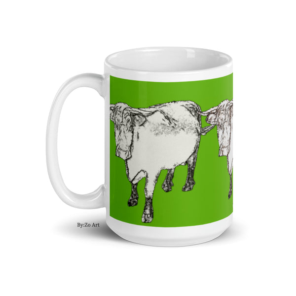 Cow Printed  Green Background White Ceramic Mug Original Photography Art - By:Zo
