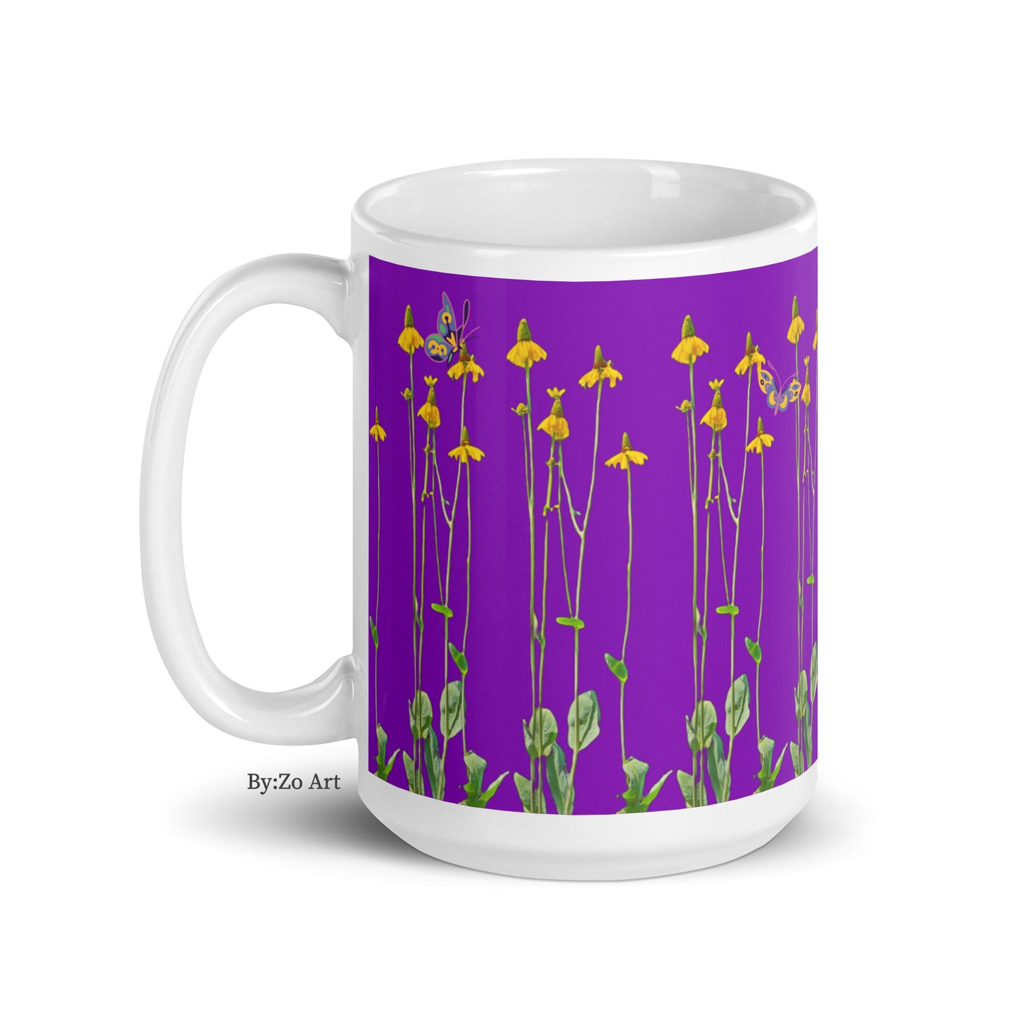 "Daisies and Butterflies" on Purple Background Ceramic Mug - By:Zo