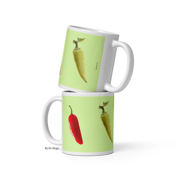"Peppers" Green Background White Glossy Ceramic Mug - By:Zo
