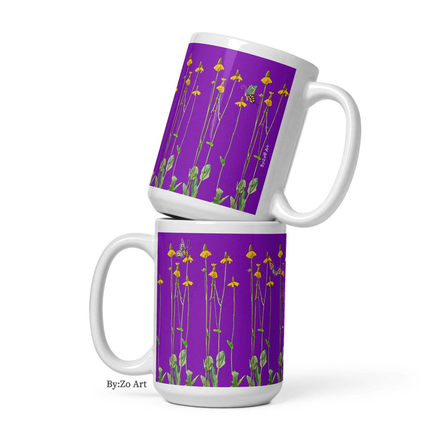 "Daisies and Butterflies" on Purple Background Ceramic Mug - By:Zo