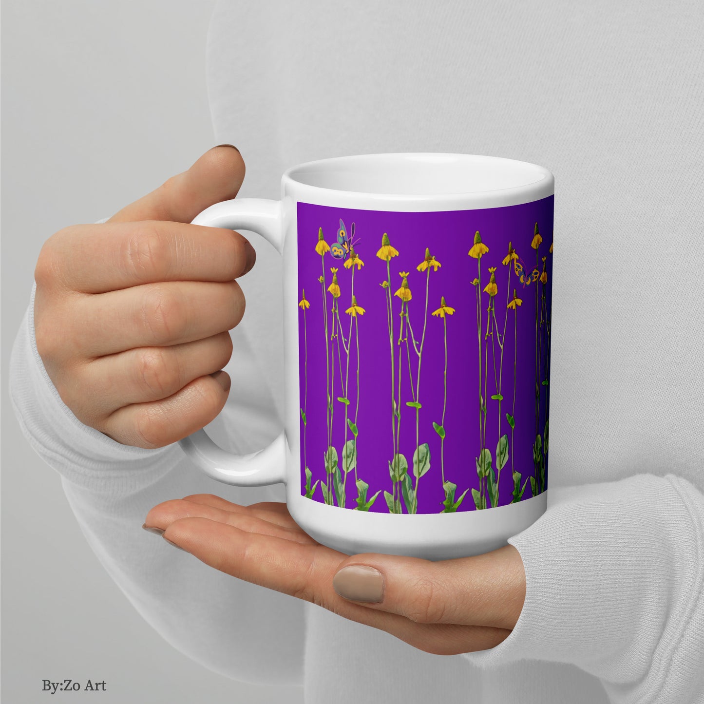 "Daisies and Butterflies" on Purple Background Ceramic Mug - By:Zo