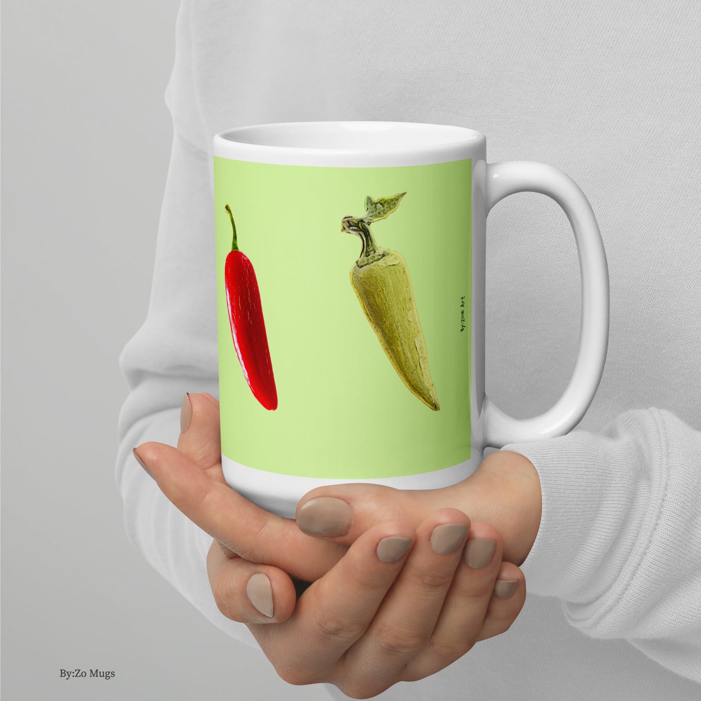 "Peppers" Green Background White Glossy Ceramic Mug - By:Zo