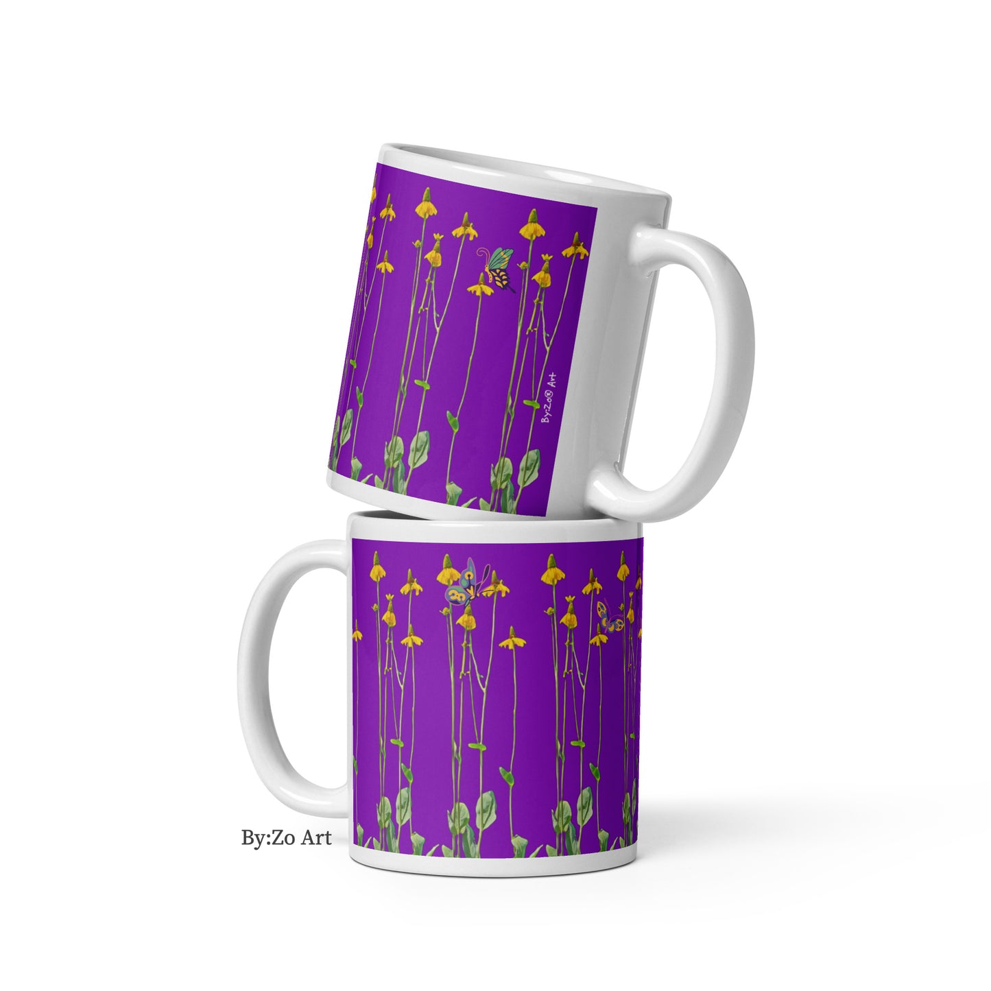 "Daisies and Butterflies" on Purple Background Ceramic Mug - By:Zo