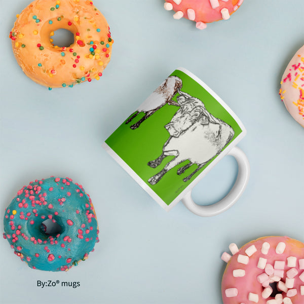 Cow Printed  Green Background White Ceramic Mug Original Photography Art - By:Zo