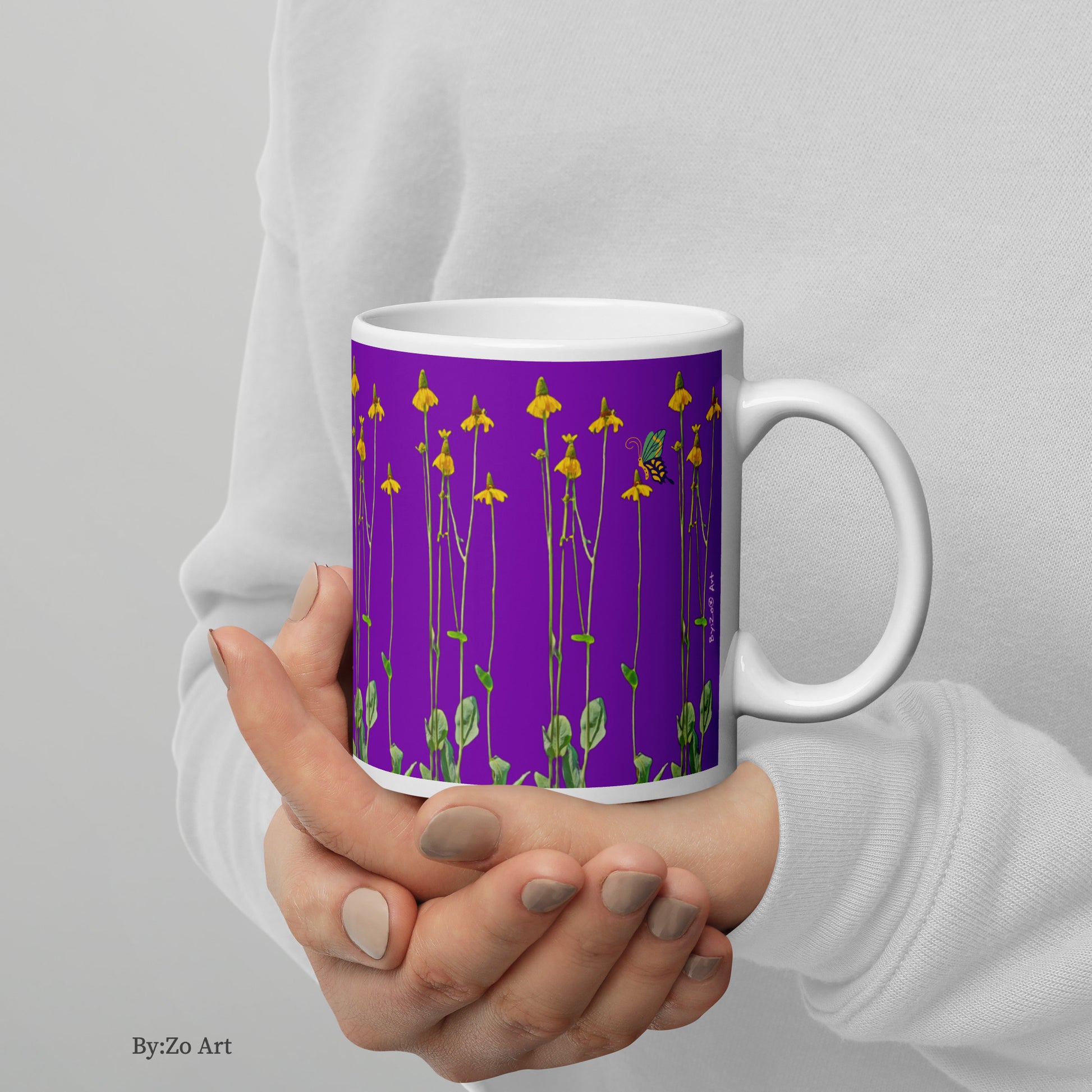 "Daisies and Butterflies" on Purple Background Ceramic Mug - By:Zo