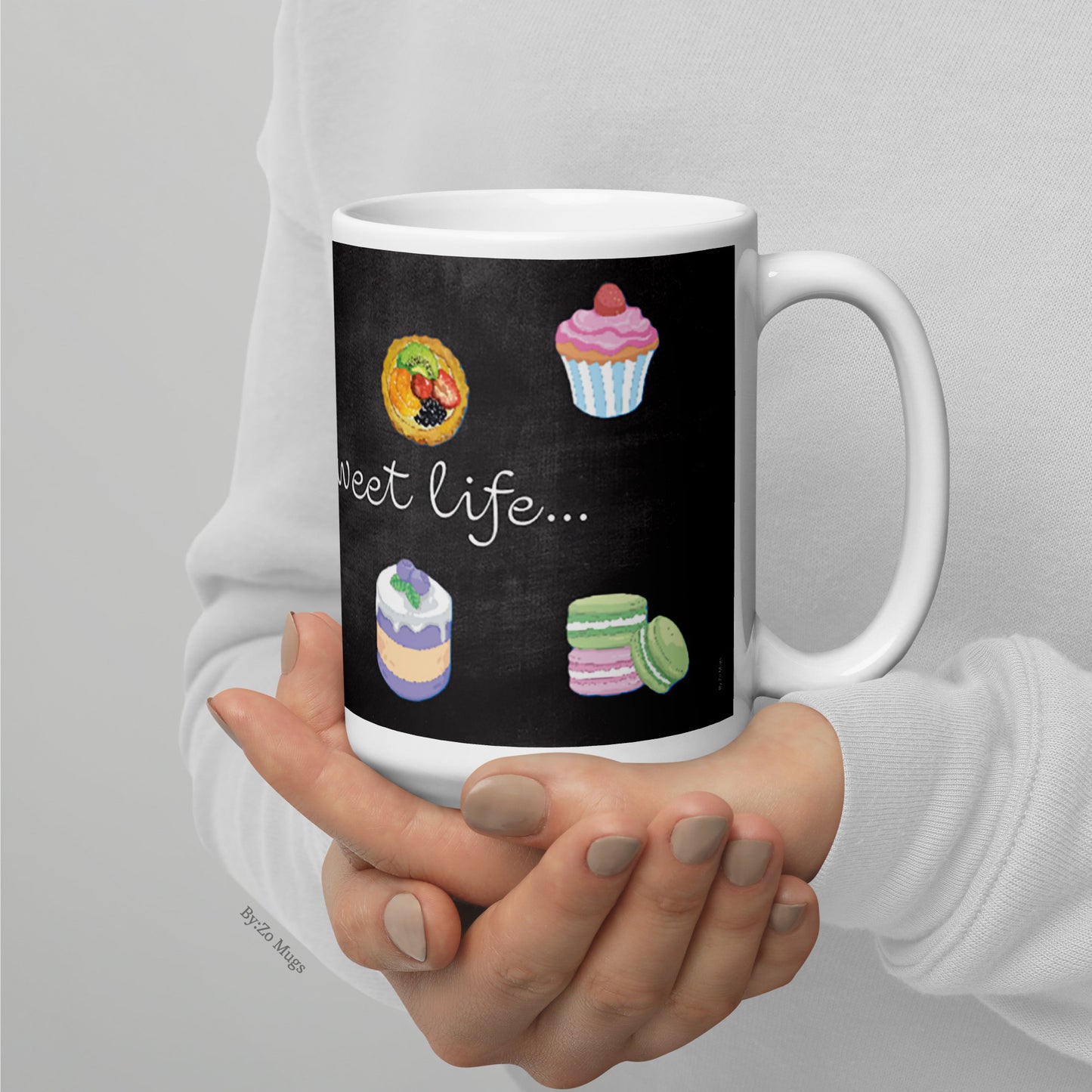 Living The Sweet Life White Ceramic Mug Printed with Pastries on Blackboard Background - By:Zo