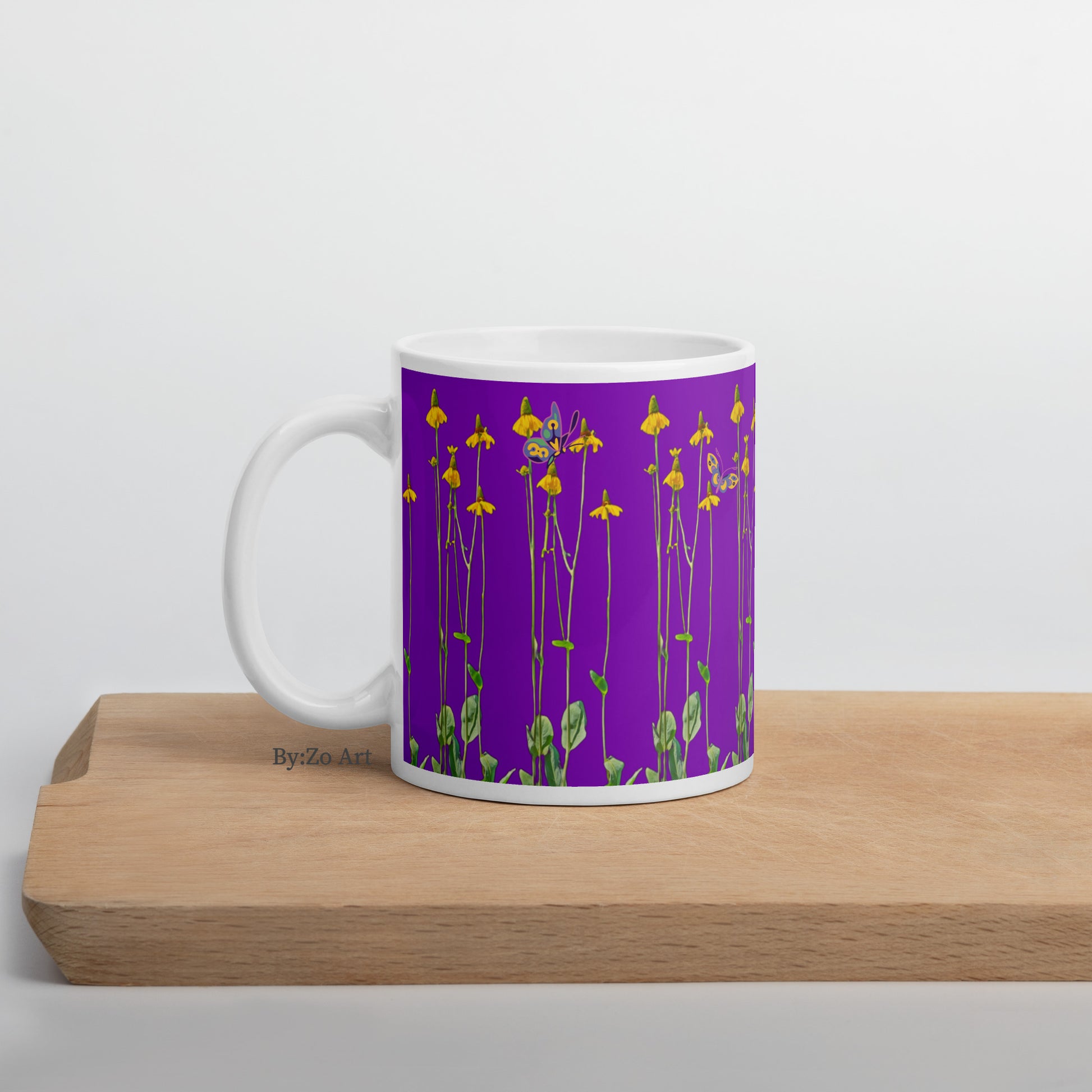 "Daisies and Butterflies" on Purple Background Ceramic Mug - By:Zo