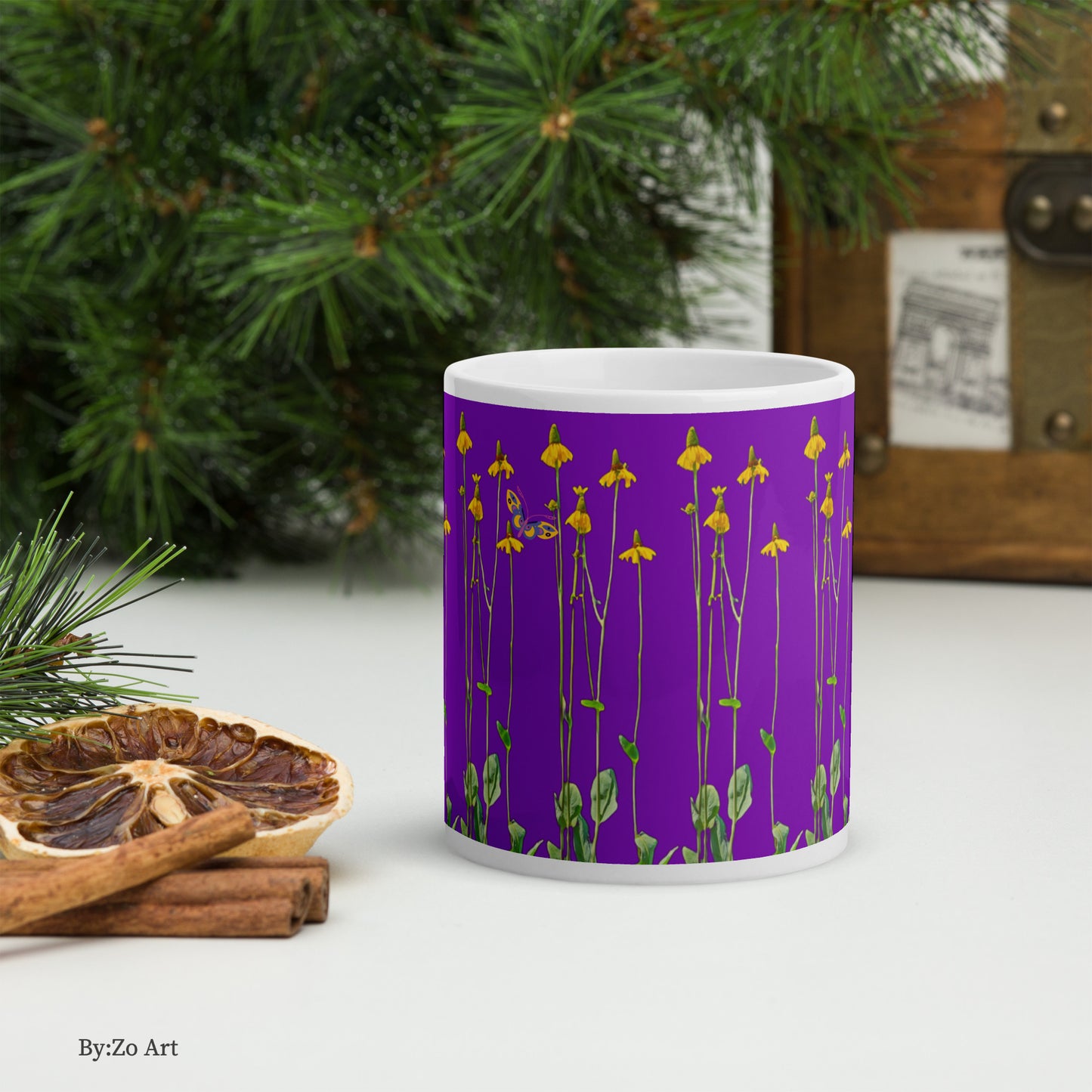 "Daisies and Butterflies" on Purple Background Ceramic Mug - By:Zo