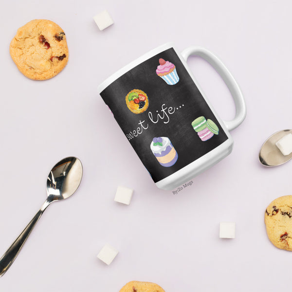 Living The Sweet Life White Ceramic Mug Printed with Pastries on Blackboard Background - By:Zo